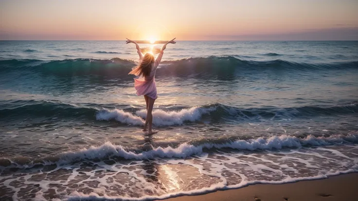 A serene and inspiring cover that captures the essence of faith and tranquility. The background features a calm ocean at sunset, with warm hues of orange, pink, and purple blending harmoniously. In the foreground, a silhouette of a person standing on the s...