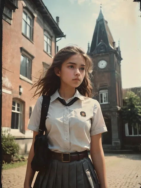 35mm film, an extreme low angle captivating photograph taken from the ground level below of a 16 year old high school girl posin...