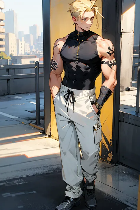 1male, blonde hair, black headband, expressionless, undercut hair, golden eyes, black tanktop, tattoos, baggy white camouflage p...