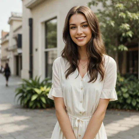 A beautiful and lively 25-year-old brunette woman looking straight ahead, with green eyes. The focus is on her face only. She has a charming smile, and her long hair is styled sleekly. She is wearing a modern and elegant outfit that enhances her beauty. Th...