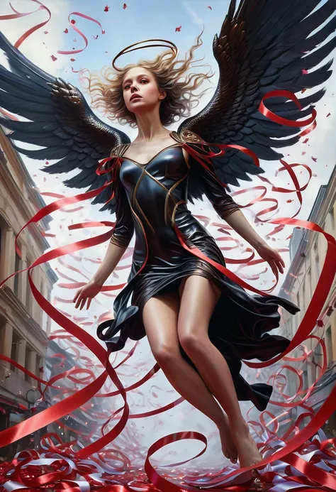 Danligur,Eva, emerging, fallen alien angel, wings, High fantasy, fallen angel, surrounded by falling ribbons; trending on ArtStation; detailed oil painting; low angle; ultra realistic, oil painting; high definition photography