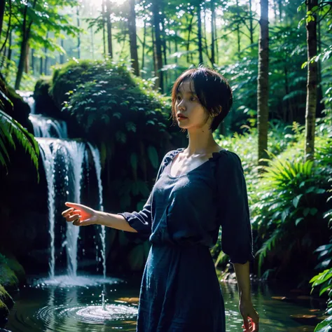 Best quality, masterpiece, ultra high res, (photorealistic:1.5), full body shot from a danish young pretty women wearing sundress with woolen fabric submarged in water with waterfall in background, dark forest atmosphere, dynamic deep shadow, low key, sunl...