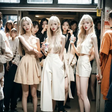 Very tall blonde tall long straight hair female Japanese woman、他のTaller than anyone、Super tall　The tallest and skinniest woman, Hair is super long、Blonde、Taller than anyone、非常にslender、 Full nudity　　In a crowded train in Shibuya　　 Standing abnormally　Abnorm...