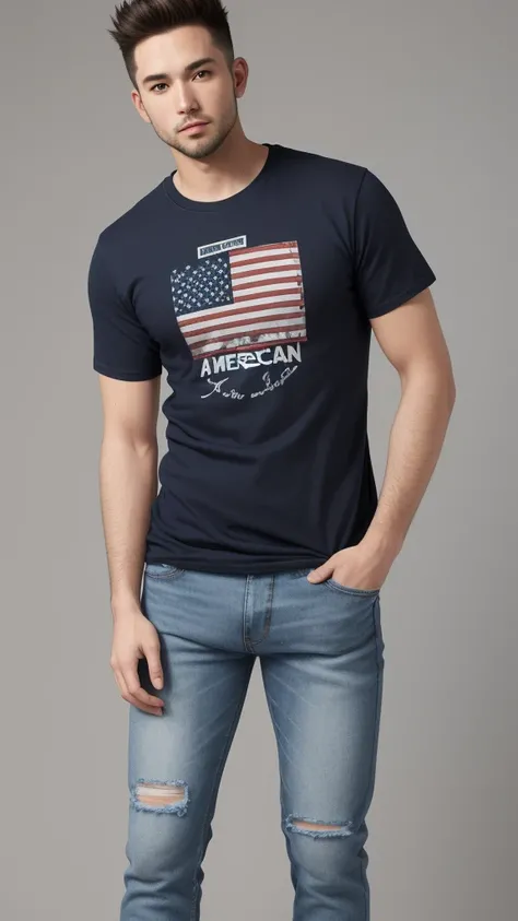 American Man, t-shirt, jeans, full body, simple background, 