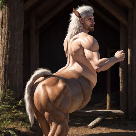 centaur, centaurs ramdomany place, male chubby centaur, big hooves, bright white fur, white hair centaur, anatomically correct centaur, docked tail, human face, human nose, human eyes, equine hips, thick thighs, male, raised tail,  holding the tail, epic s...