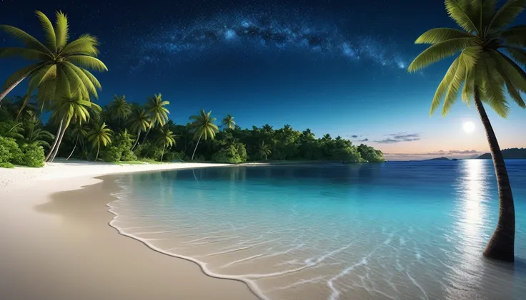 A beach with clear, bright blue water, soft white sand, beautiful coconut trees, and a clear night sky filled with stars. Ultra realistic, ultra clear, ultra natural, ultra hd, ultra detailed.