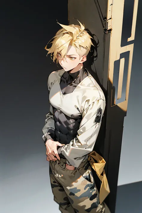 1male, blonde hair, black design headband, expressionless, undercut hair, golden eyes, baggy black tanktop, baggy white camouflage pants, city background, detailed background, hands to side, standing on path