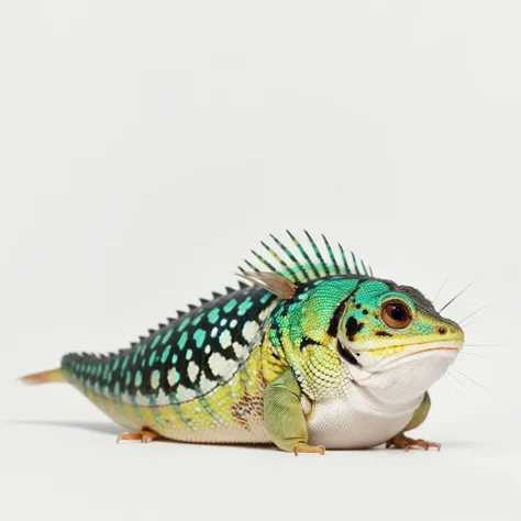 Small Animals, pufferfish mixed with House lizard, has white and red stripes on its body, Grassroots, no background, (has beard), ((no eyes))