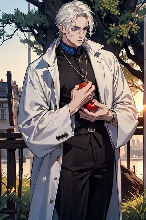 ((masterpiece:1.2, Best quality)), 4k, adult, European face, 1 person, male, mature, masculine, Beautiful, very tall, Muscles, broad shoulders, dark casual wear, White skin, medium white hair, Blue eyes, portrait, sunset, old house with apple trees. 
