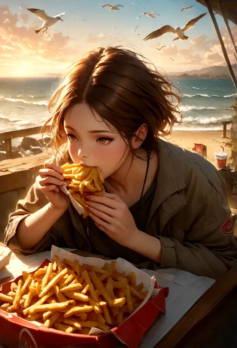 craving the fries ((seagulls eating fries :1.9)), fast food restaurant, seaside burger shop, detailed realistic oil painting, be...