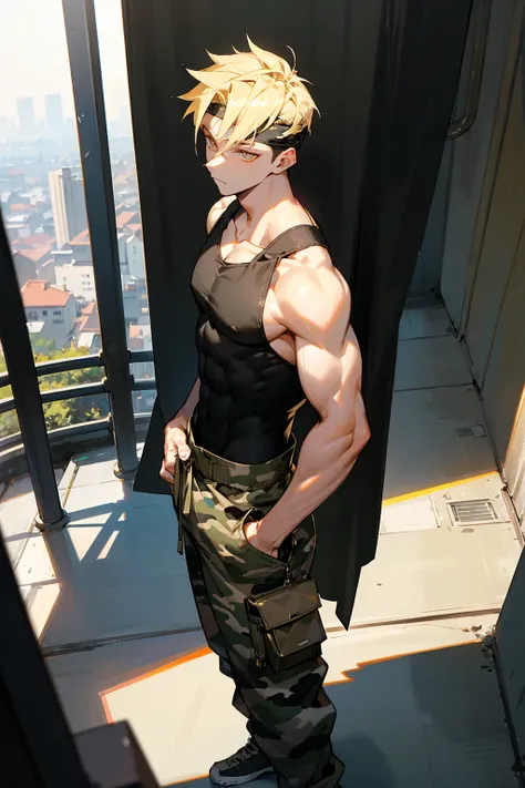 1male, blonde hair, black design headband, expressionless, undercut hair, golden eyes, baggy black tanktop, baggy white camouflage pants, city background, detailed background, hands to side, standing on path