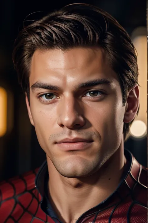 A photograph of spider man, no mask, 20 yo, handsome, detailed face, looking at camera, portrait, 8k uhd, high quality