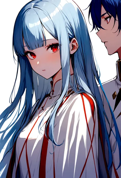 Twins, one male and one female, with long two-tone platinum and blue hair , long hair hanging loose on her shoulders, sparse bangs, Green and red eyes , white clothing ,