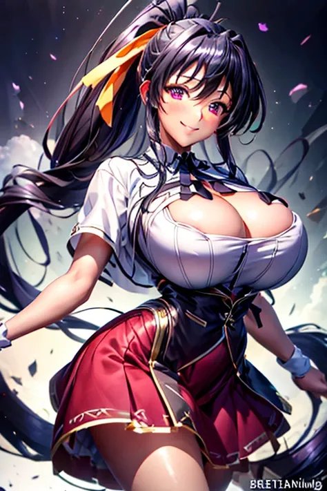 best quality, masterpiece, 1 Girl, (Solitary:1.1), Ray Tracing, Extremely detailed,Delicate face, 8k wallpaper, Wide hips, Smile, Himejima Akeno NDV, 1 Girl, Black Hair, (((Full and soft breasts,)))(((Large Breasts))) (((Cleavage))),, Very long hair, Purpl...