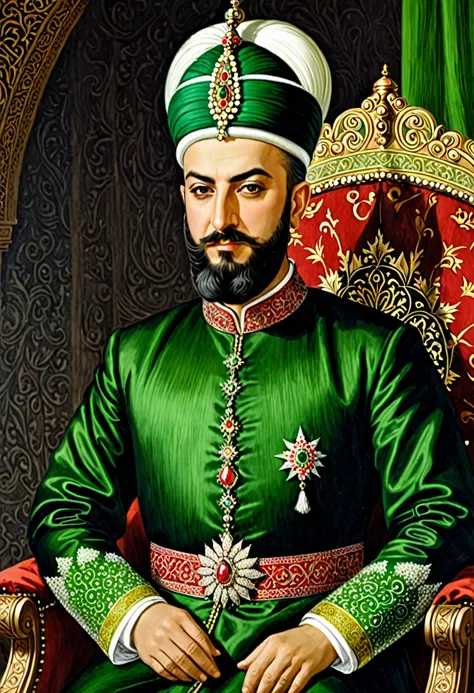 Middle Ages, sultan suleiman, Cabelos curto, turco, Ottoman Empire, lindo, de roupa cara, coroa e um anel verde