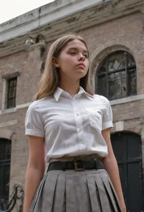 1970s era, 1970s hairstyles and fashion style, shot on 35mm film, An extreme low angle captivating photograph taken from the ground level below of a 16 year old high school girl posing outdoor with the background of a vintage intricately detailed Dutch col...