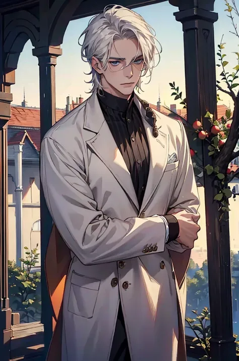 ((masterpiece:1.2, Best quality)), 4k, adult, European face, 1 person, male, mature, masculine, Beautiful, very tall, Muscles, broad shoulders, dark casual wear, White skin, medium white hair, Blue eyes, portrait, sunset, old house with apple trees. 
