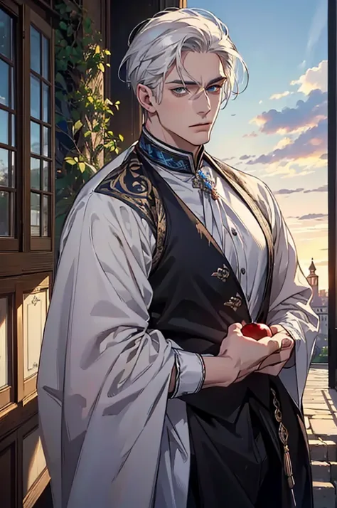 ((masterpiece:1.2, Best quality)), 4k, adult, European face, 1 person, male, mature, masculine, Beautiful, very tall, Muscles, broad shoulders, dark casual wear, White skin, medium white hair, Blue eyes, portrait, sunset, old house with apple trees. 
