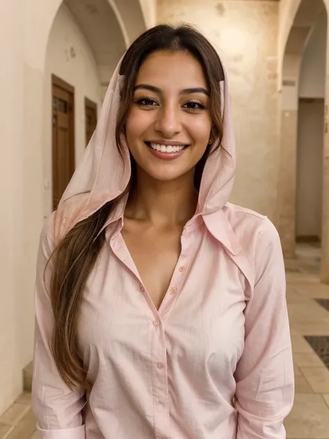 28YO, one women, cute smile, white teethes, Arab, from Jordan, long pink shirt, light brown eyes