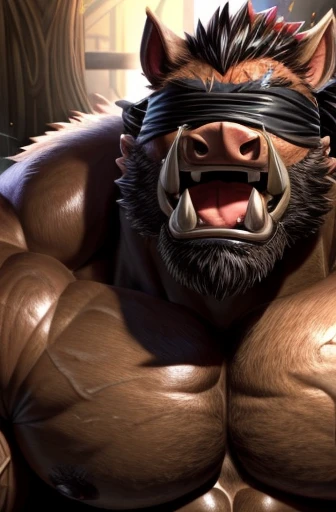 Browsing Caution。Super muscular boar beastman。Blindfold。A desperate and painful look。Mouth wide open。Licking a huge black and red erect penis。Semen is splashed on the face。
