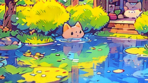 Cat playing in the pond,Legend of Zelda style, (Highest quality,4K,8k,High resolution,masterpiece:1.2),Super detailed,(Realist,photo Realist,photo Realist:1.37),Detailed eyes,Detailed lips, (a cat:0.1),(Highest quality,4K,8k,High resolution),Pixel art, pix...