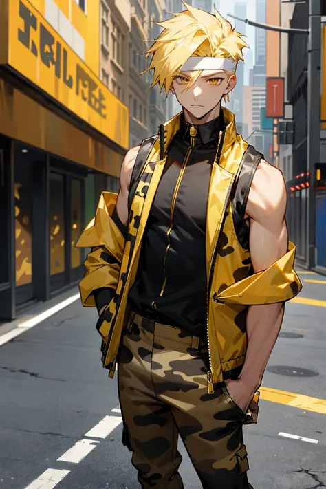 1male, blonde hair, black design headband, expressionless, undercut hair, golden eyes, sleeveless jacket with gold accents, black shirt, baggy white camouflage pants, city background, detailed background, hands to side, standing on path