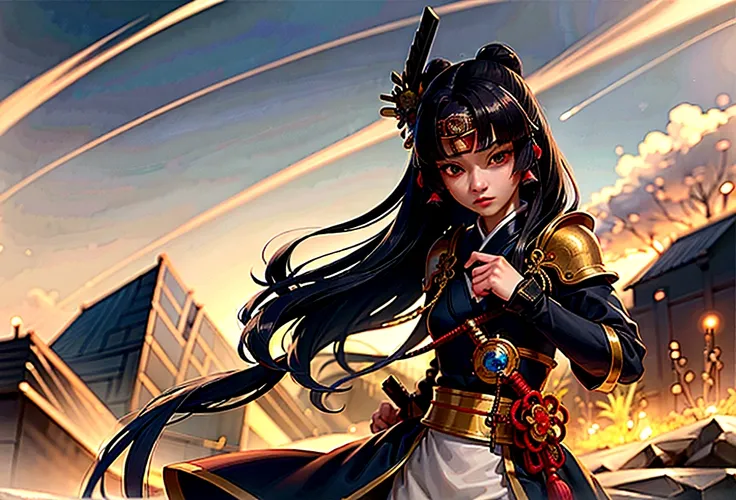 a picture of Japanese female samurai, she has long black hair, wearing samurai armor, armed with a katana, ready for battle, dynamic angle,, Japanese fantasy art, (Masterpiece: 1.5), 16k, highres, best quality, high details, ultra detailed, masterpiece, be...