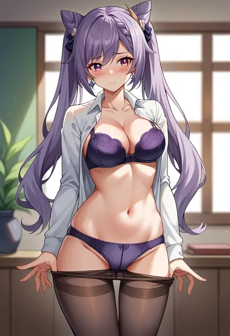 floox, 1girl, underwear, keqing_(genshin_impact), panties, breasts, solo, cone_hair_bun, purple_panties, pantyhose, shirt, bra, navel, hair_bun, purple_bra, pantyhose_pull, long_hair, hair_ornament, white_shirt, open_shirt, purple_hair, purple_eyes, clothe...