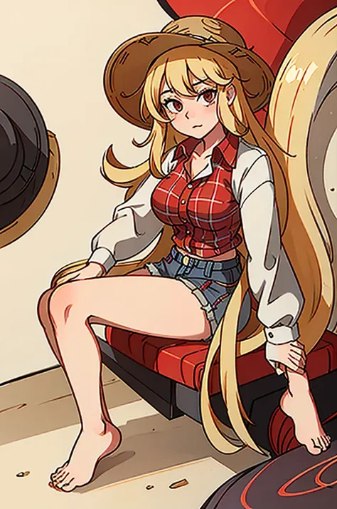 teen cowboy woman, barefoot, long hot legs, sitting, legs in the air, shorts, red plaid unbuttoned shirt, blond hair, huge breasts, fit, lust eyes, lust posture, straw hat