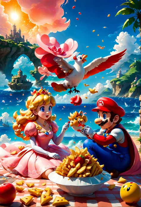 anime style, Mario and Princess Peach have Fries lunch picnic by the sea, a Seagull Unexpected break-in, anime screenshot, source_anime, dramatic composition, cinematic dynamic action scene, vibrant colors, cinematic lighting, dramatic lighting, best quali...