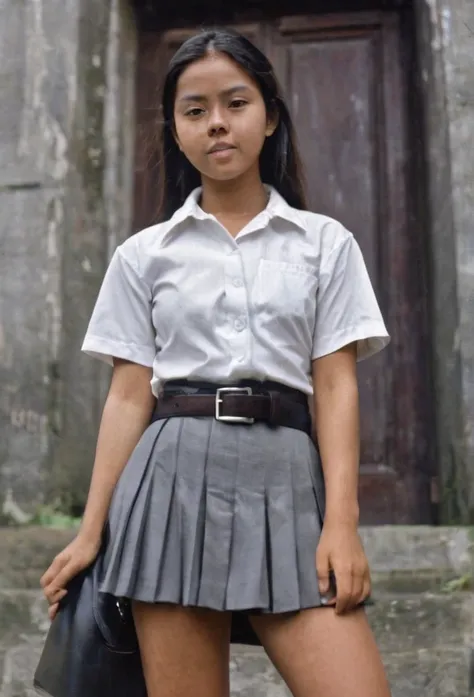 1970s era, 1970s hairstyles and fashion style, shot on 35mm film, An extreme low angle captivating photograph taken from the ground level below of a 16 year old Indonesian high school girl, with perfect face and perfect body, posing outdoor with the backgr...