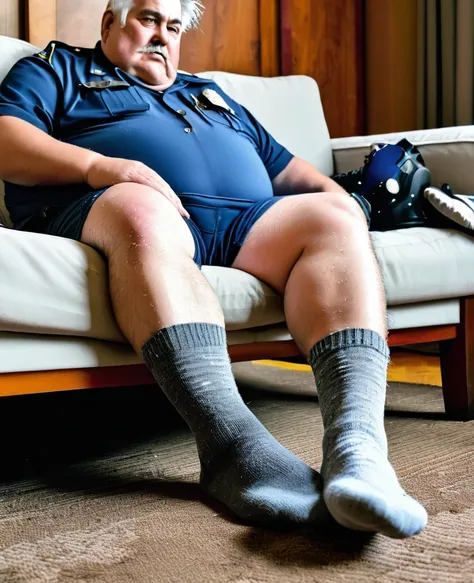 Old police officer grandpa, grey hair, male, fat, chubby, clean cut , wearing dirty socks, only wearing socks, leaking cum, cum everywhere, smelly socks, stench coming from socks, sitting on couch, white socks, wearing police hat, grey body hair, stinky so...