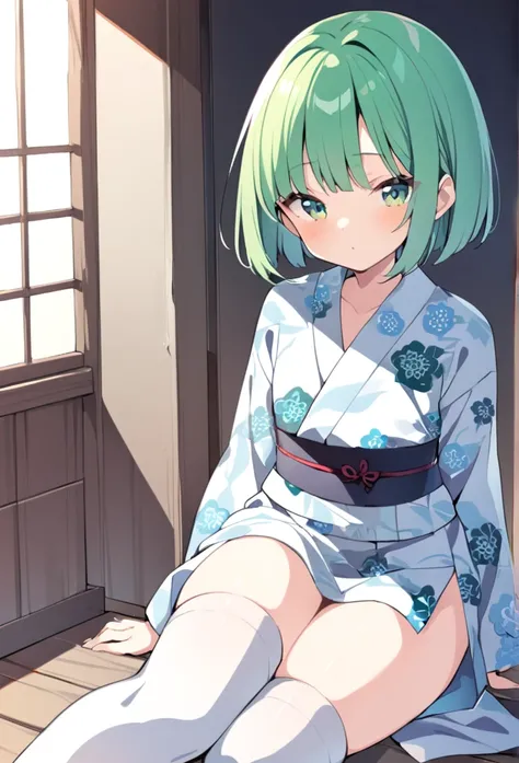 1 girl, cute, young, green hair, bob haircut, green eyes, yukata, thigh high,