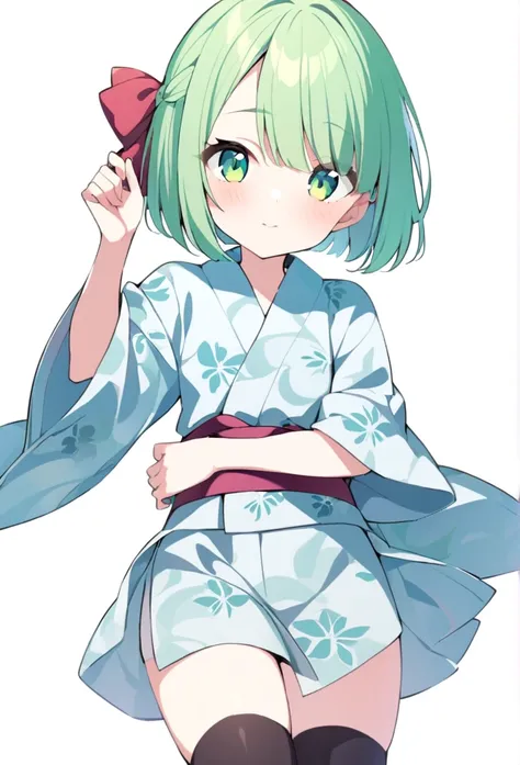 1 girl, cute, young, green hair, bob haircut, green eyes, yukata, thigh high,