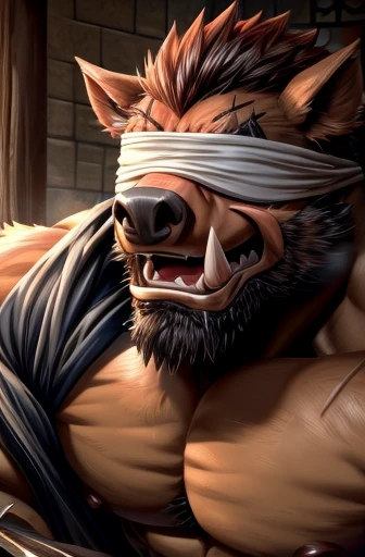 Browsing Caution。Super muscular boar beastman。Blindfold。A desperate and painful look。Mouth wide open。Licking a huge black and red erect penis。Semen is splashed on the face。