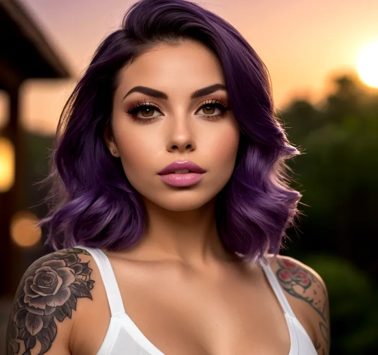  imagem:  Close da jovem postando fotos sensuais nas redes sociais. As fotos a mostram em poses provocantes, vestindo roupas de grife e com cabelo roxo estilizado. The camera focuses on details such as botox on the lips and tattoos on the body. No fundo, N...