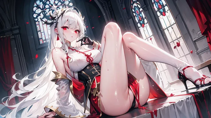 Long white hair，Red eyes，Sexy Sheer Colonial Dress, Perfect body, Clear chest, Well-defined collarbone, Surreal, lifelike, detailed, Perky transparent nipples, Wet clothes(whole body:1.1),cross，Holy，best quality，Large Breasts，Big Ass，No underwear。Gorgeous ...