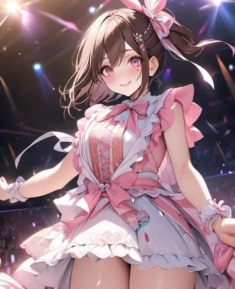 One Girl、Looking at the audience、
Beautiful Pink Eyes、Brown short twin tail  hair、Mole under the eye、Plump and glossy lips、Heart-shaped choca、Idol、she is name Riko,smile、ー、。.。.。.。.。.。.。.。.。.。.。.。.。.。.。.。.。.。.3D、Realistic、
idol costume、short skirt,Drape clo...