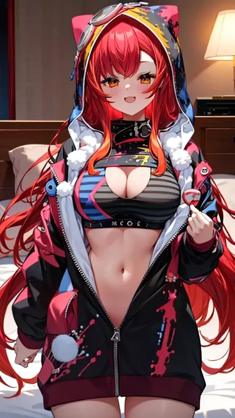 最高masterpiece、high resolution, Large Breasts, Voluminous, messy, light red hair, masterpiece , hd, Head to Chest, Put in your chest、 tooth、Double teeth,, On the bed、Thick thighs、Grinning、Knitted sports bra、Open your mouth、Hooded jacket、Big Breasts、