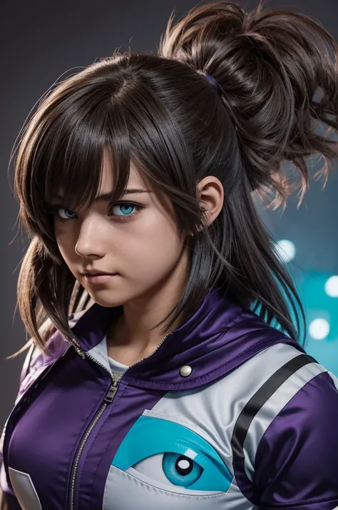 boku no hero academia comics panel of a female. she has short fluffy brown hair with longer sidelocks and hair between eyes. she has round downturned eyes and one cyan eye and one purple eye. she is a hero, she is wearing a dark grey hero costume that cros...