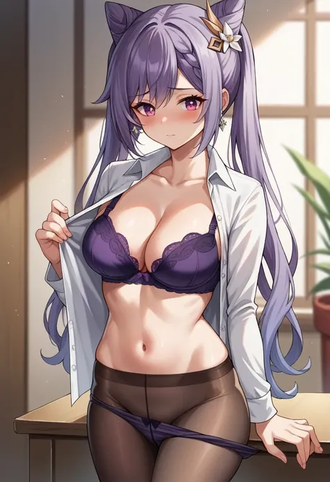 sakimichan, realistic, 1girl, underwear, keqing_(genshin_impact), panties, breasts, solo, cone_hair_bun, purple_panties, pantyhose, shirt, bra, navel, hair_bun, purple_bra, pantyhose_pull, long_hair, hair_ornament, white_shirt, open_shirt, purple_hair, pur...