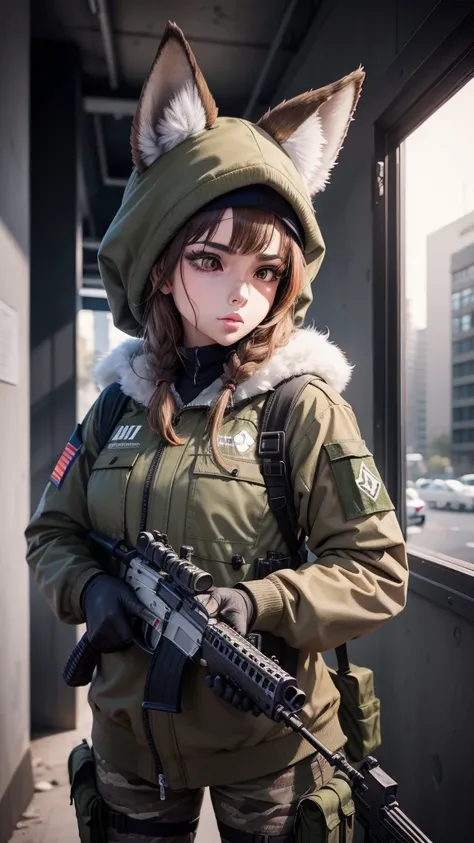 Araffe camouflaged with a gun and a rifle in a building, pronto para o combate, um Guara wolf cyberpunk antropomórfica, tônico um Guara wolf, Anthropomorphic lobe, em Tarkov, wojtek fus, furson, pele hiper realista, mawshot peludo, raposa digital, foto do ...