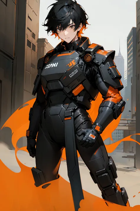 1male, black hair, orange two toned hair, messy hair, short hair, black and white combat suit, city background, detailed backgro...