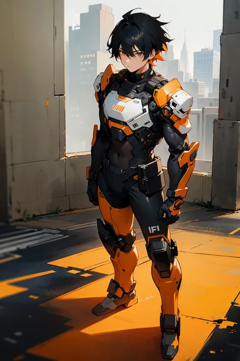 1male, black hair, orange two toned hair, messy hair, short hair, black and white combat suit, city background, detailed background, standing on path, hands to side, expressionless