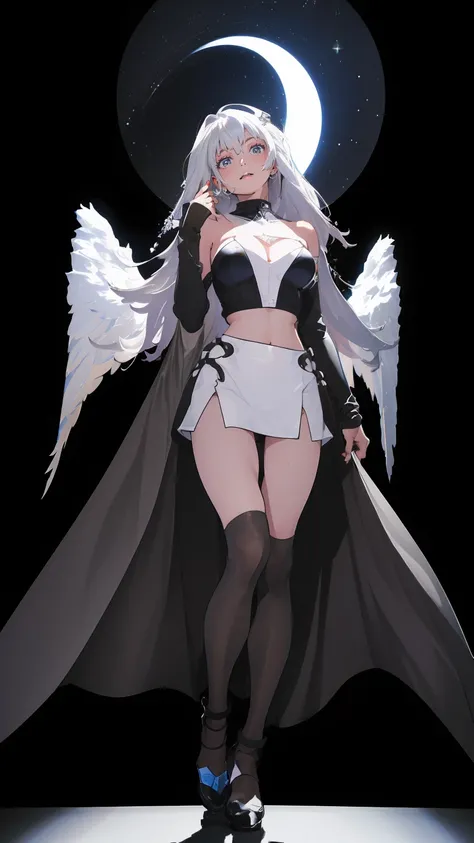 (woman(A crumbling angel halo is on my head, Angel Girl,18-year-old, Long white hair, Grey Eyes, Dressed in black, White skin, Sad expression、Four angel wings grow from his waist.,Standing still,An ennui look) Gazing somewhere far away), (Smoke swirling ar...