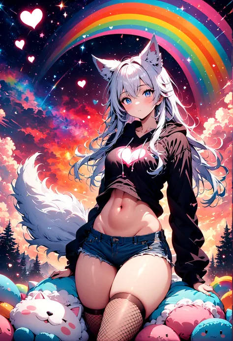 a cute adult male with wolf ears, long white hair, long locks, has a wolf tail, wearing a loose cropped oversized black hoodie, wearing a pair of denim short shorts and fishnet stockings, thick thighs, wide hips, relaxing on mound of fluffy multi colored k...