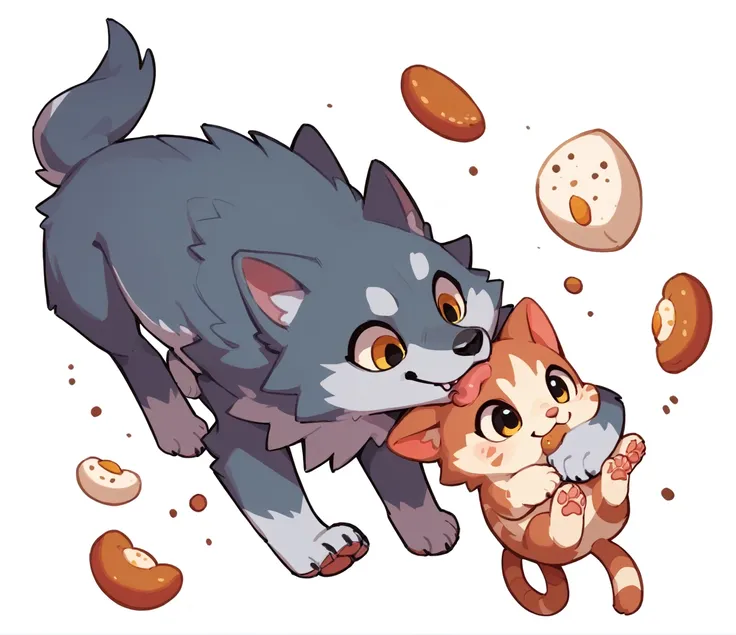 The Q version of the cute giant feral wolf licking and protecting a young furry cat, cute, paws, beans, white background 