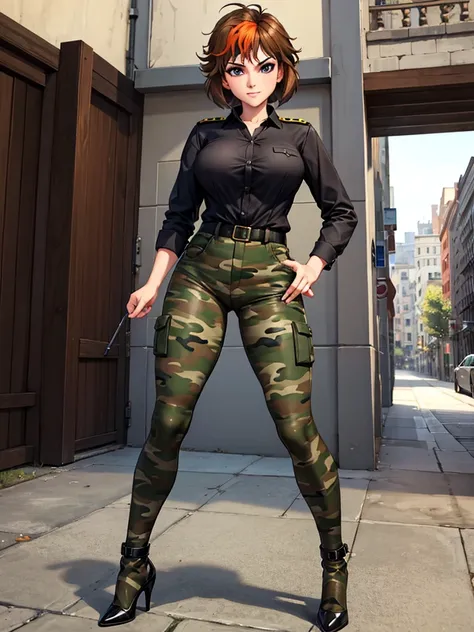 merula, full body, thighs, high heels, solo girl, medium tits, military camouflage pants, nude tits