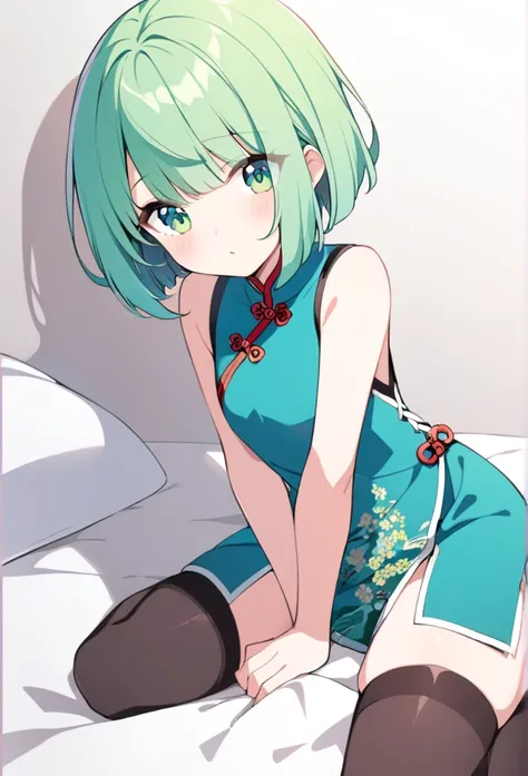 1 girl, cute, young, green hair, bob haircut, green eyes, Chinese clothes, thigh high,