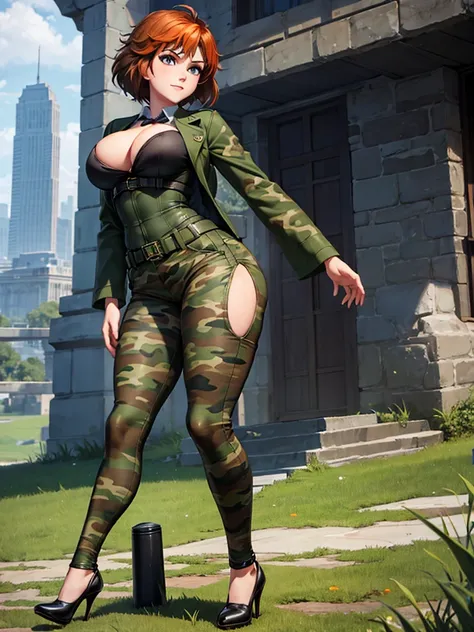 merula, full body, thighs, high heels, solo girl, medium tits, military camouflage pants